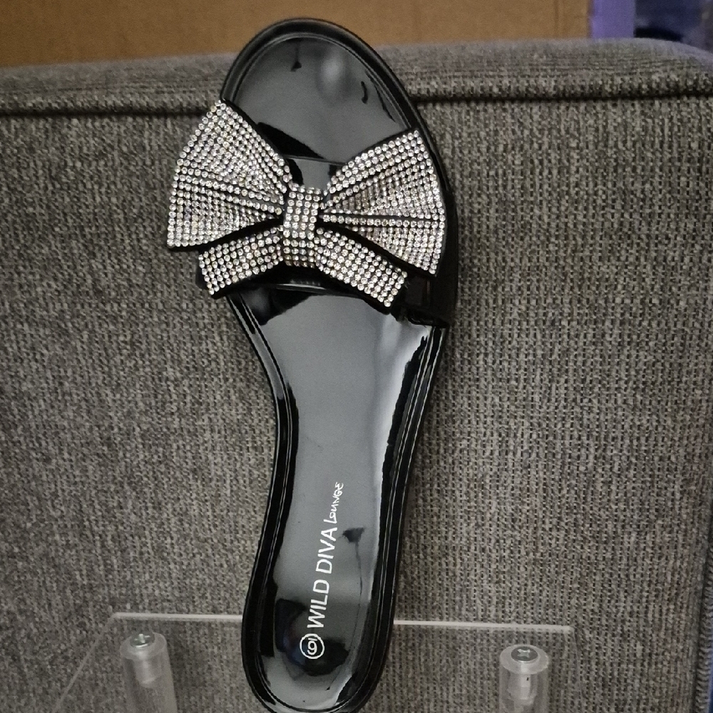 Wild Diva Black Slide Sandals with Rhinestone Bow